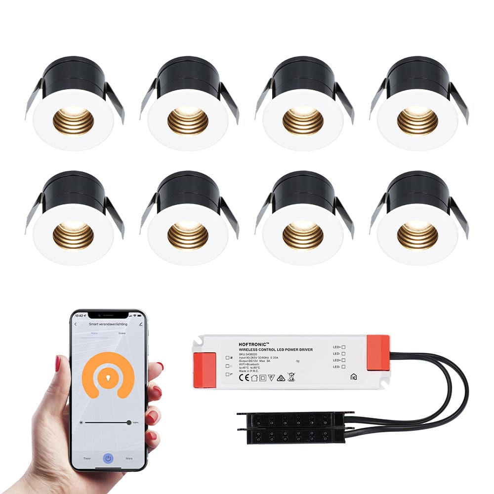HOFTRONIC SMART 8x Betty witte Smart LED Inbouwspots complete set Wifi Bluetooth 12V 3 Watt 2700K warm wit