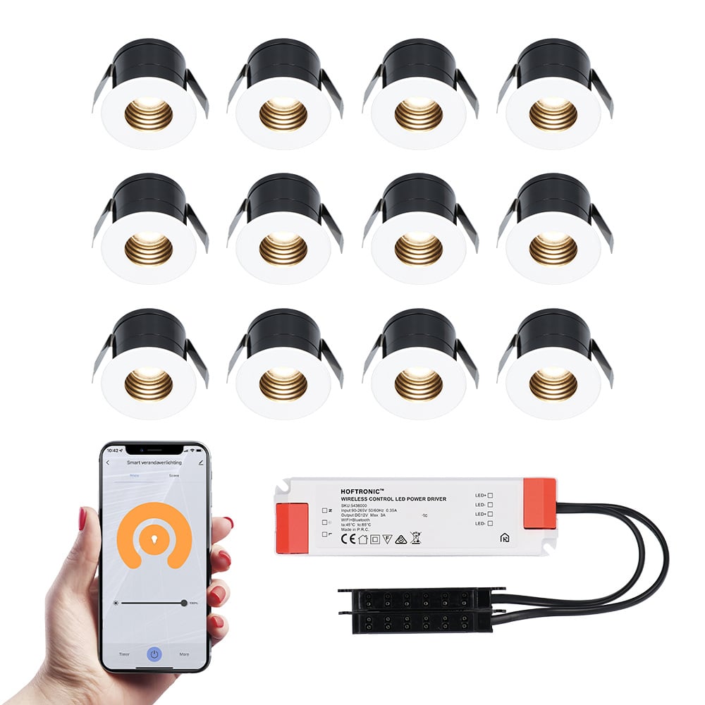 HOFTRONIC 12x Betty witte Smart LED Inbouwspots complete set - Wifi & Bluetooth - 12V - 3 Watt - 270