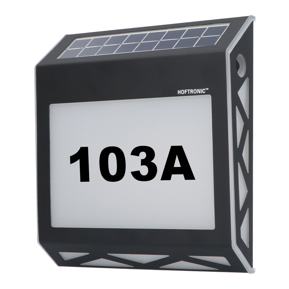 HOFTRONIC™ Numa Solar verlicht huisnummer met 8 LED's Solar huisnummer verlichting met schemerschakelaar 3000K warm wit Zwart IP65 waterdicht