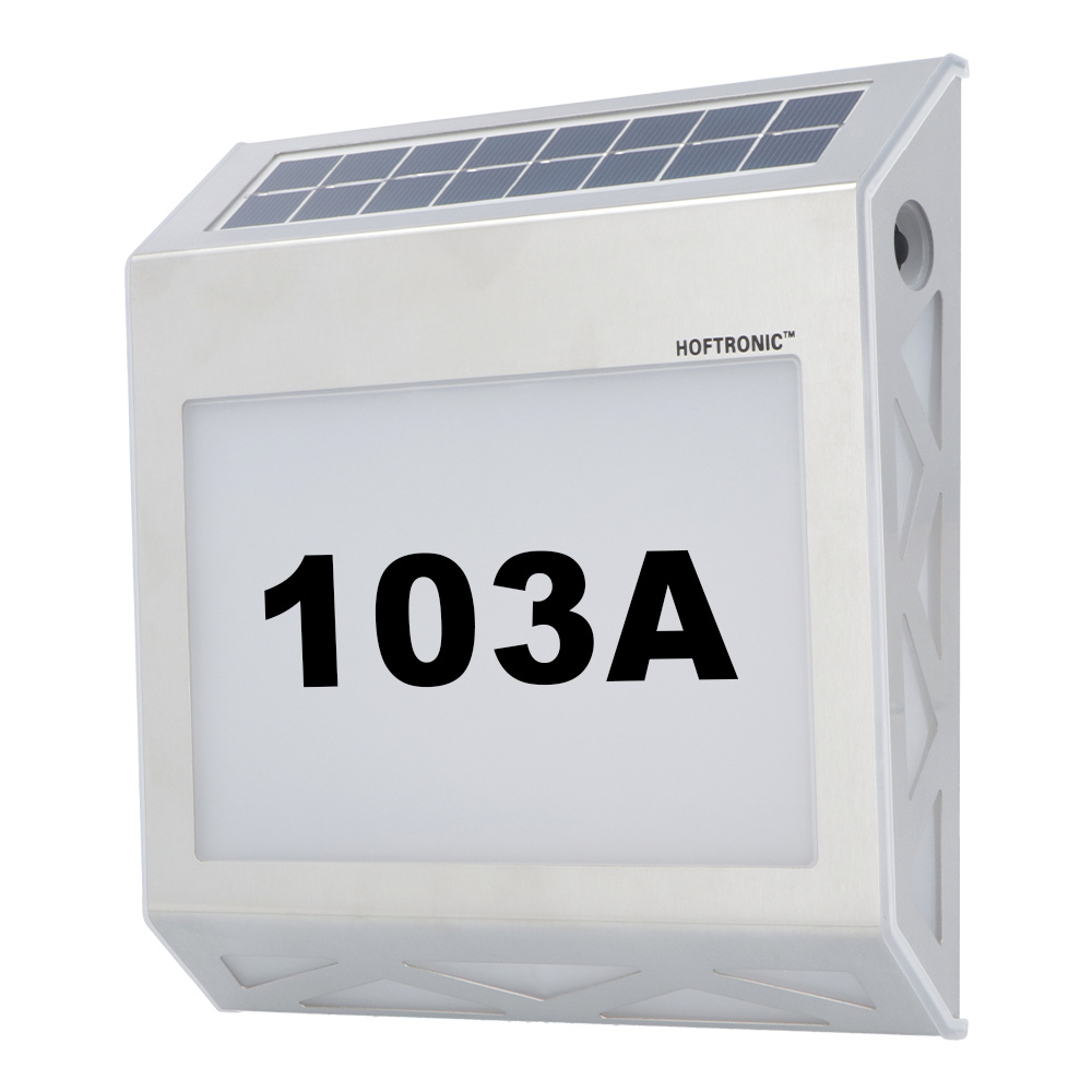 HOFTRONIC™ Numa Solar verlicht huisnummer met 8 LED's Solar huisnummer verlichting met schemerschakelaar 3000K warm wit zilver IP65 waterdicht