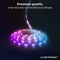 HOFTRONIC - Smart LED Strip 5m - RGB Flow Color - WiFi + Bluetooth - 12V - 16,5 miljoen kleuren met 120 LEDs - Music Sync - Met afstandsbediening - Zelfklevend - Voor Google Home, Amazon Alexa en Siri