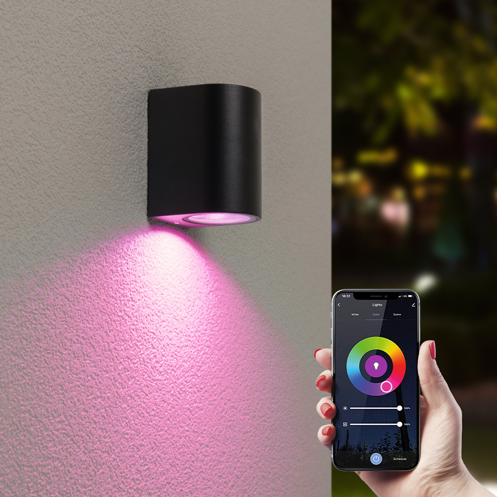 Hofronic Alvin Smart WiFi BLE LED wandlamp Alle kleuren incl. GU10 spot IP65 voor binnen en buiten Zwart