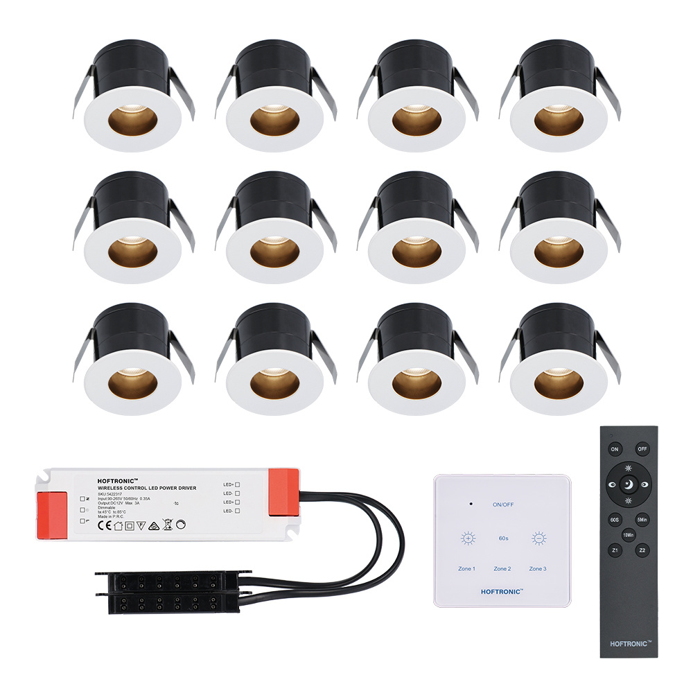 HOFTRONIC™ 12x Olivia Mini 12V LED inbouwspot wit met trafo en muurdimmer Verzonken 3 Watt Dimbaar IP44 waterdicht voor buiten 2700K Warm wit Lage inbouwdiepte 36mm Voor veranda, badkamer, carport en binnenruimtes