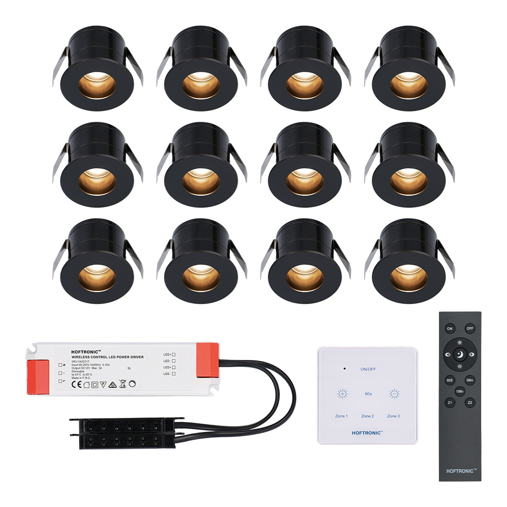 HOFTRONIC™ 12x Olivia zwarte LED Inbouwspots complete set met muurdimmer - 12V - 3 Watt - Veranda verlichting - voor buiten - 2700K warm wit