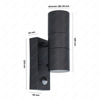 Blenda wandlamp - Zwart - Bewegingsmelder en schemerschakelaar - IP44 spatwaterdicht - Up & Downlight voor buiten - Exclusief twee GU10 spotjes