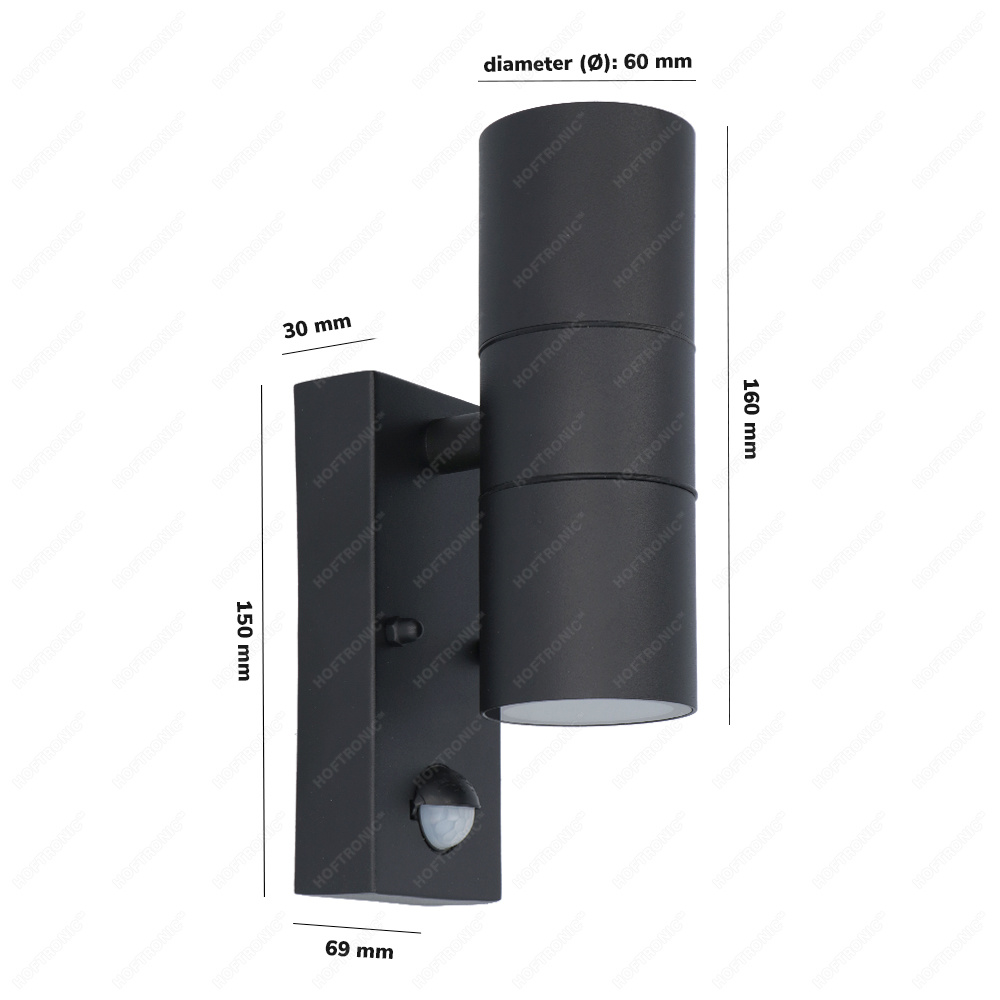Blenda wandlamp - Zwart - Bewegingsmelder en schemerschakelaar - IP44 spatwaterdicht - Up & Downlight voor buiten - Exclusief twee GU10 spotjes voor