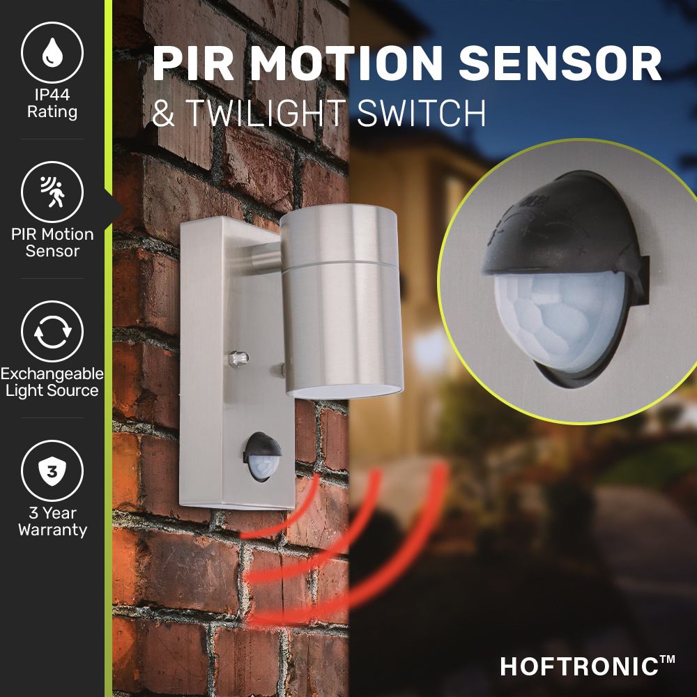 Mason wandlamp - RVS - Bewegingsmelder en schemerschakelaar - IP44 spatwaterdicht - Spotlight voor binnen en buiten - Exclusief GU10 lichtbron voor b