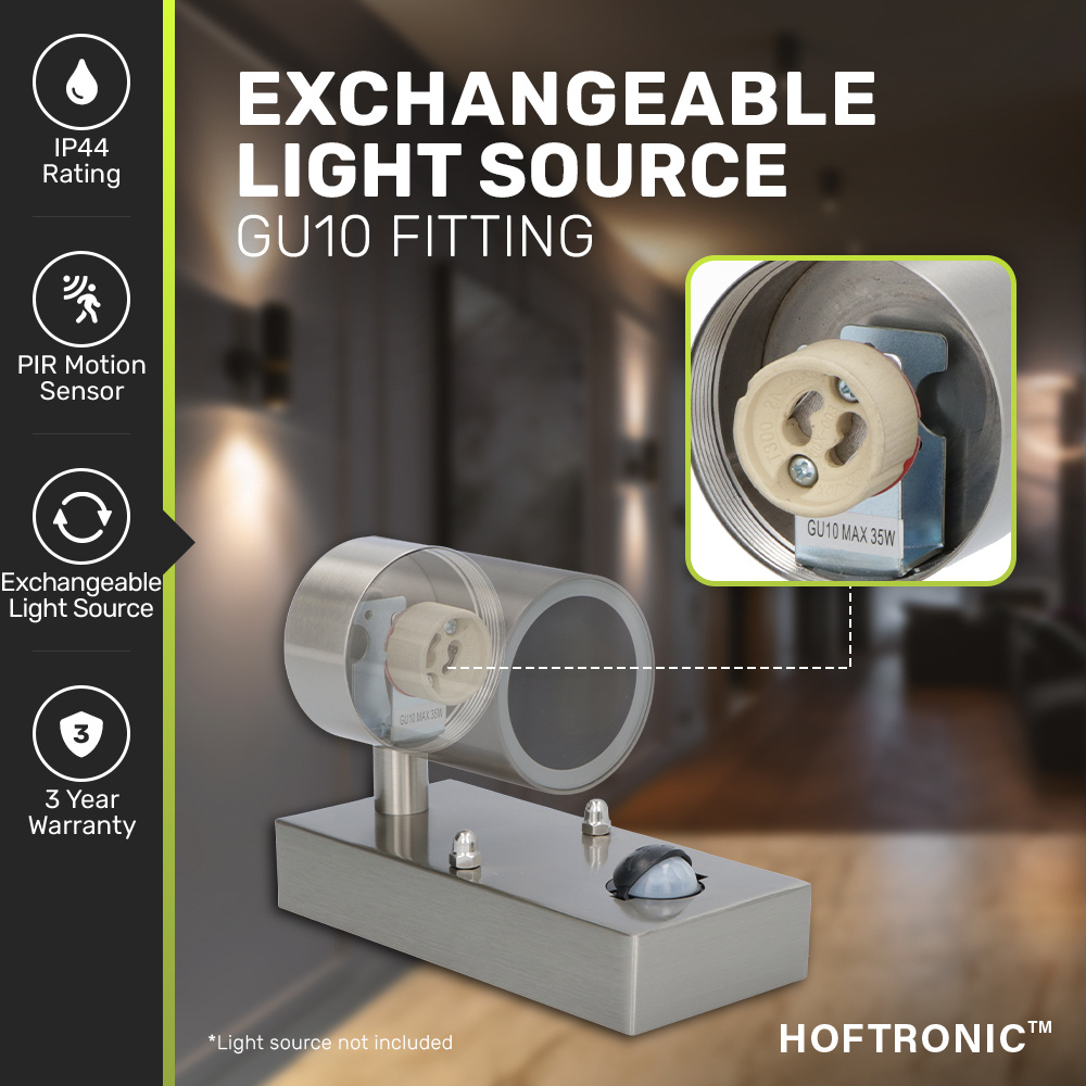 Mason wandlamp - RVS - Bewegingsmelder en schemerschakelaar - IP44 spatwaterdicht - Spotlight voor binnen en buiten - Exclusief GU10 lichtbron voor b