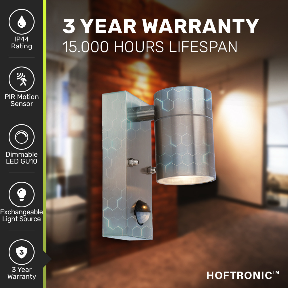 Mason wandlamp - 2700K warm wit - Bewegingsmelder en schemerschakelaar - IP44 spatwaterdicht - Spotlight voor binnen en buiten - RVS voor binnen en b