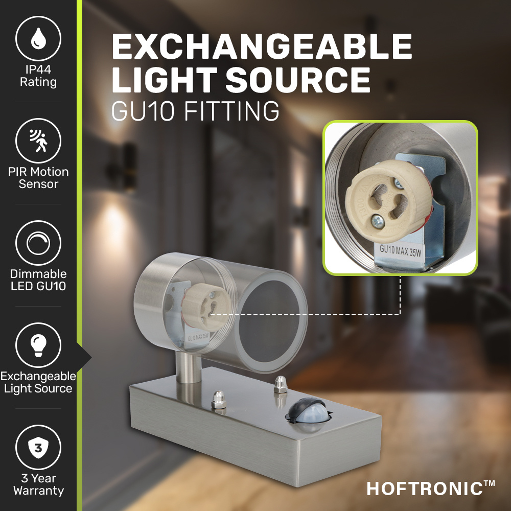 Mason wandlamp - 2700K warm wit - Bewegingsmelder en schemerschakelaar - IP44 spatwaterdicht - Spotlight voor binnen en buiten - RVS voor binnen en b