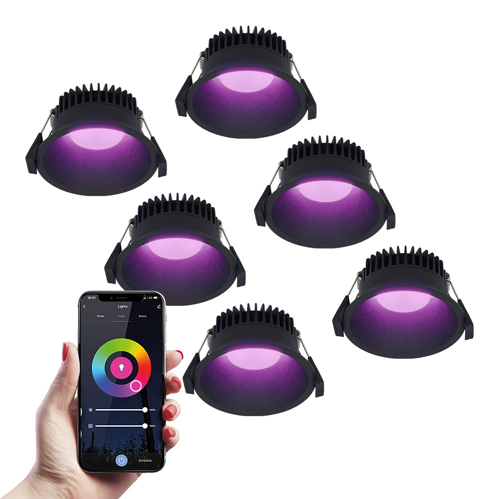 HOFTRONIC SMART 6x Finn Smart LED inbouwspot 10 Watt Plafondspot RGBWW WiFi Bluetooth 630 Lumen Binnen buiten Verzonken spot Amazon Alexa Google Assist Zwart