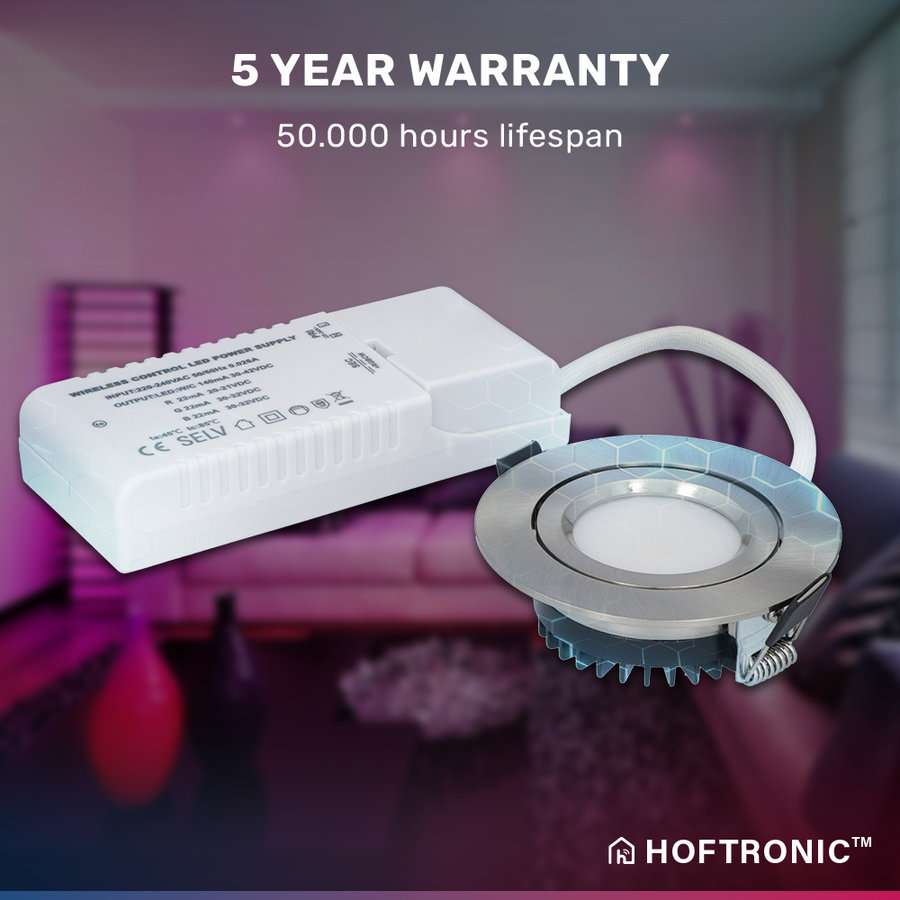 HOFTRONIC™ Set Van 12 Dimbare LED Inbouwspots Rome - RVS - 6 Watt Kantelbaar 2700k Warm Wit Ip44 Inclusief Afstandsbediening Geringe Inbouwdiepte