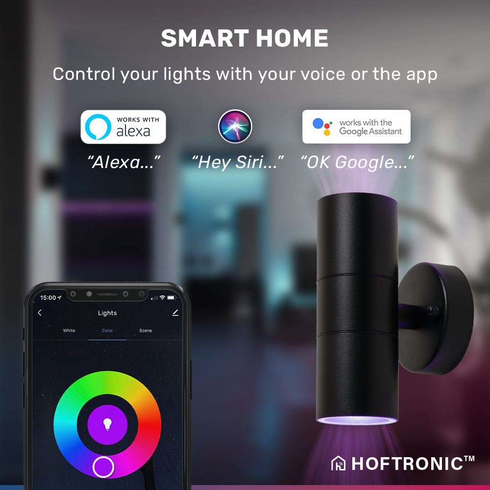 Smart WiFi LED Wandlamp Blenda RGBWW GU10 rond Up & Down light zwart IP44 voor binnen en buiten