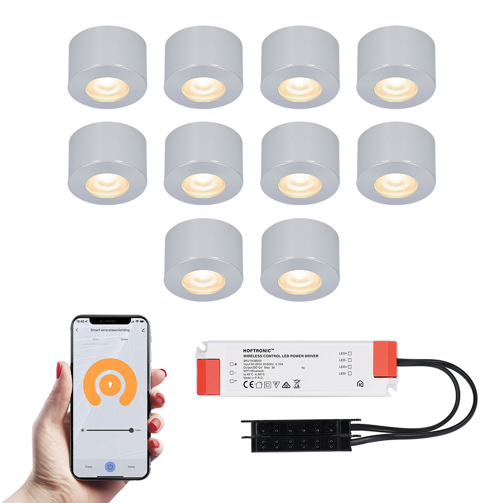 HOFTRONIC SMART 10x Navarra RVS Smart LED Opbouwspots complete set - Wifi & Bluetooth - 12V - 3 Watt