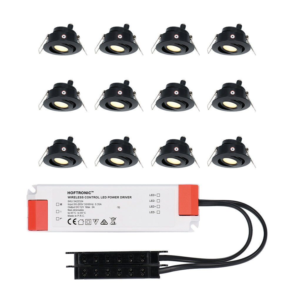 Sienna - 12x inbouwspots veranda - Complete set - Kantelbaar - Plug & Play - IP44 - 3 watt - LED 2700K 200 lumen - 12 Volt - Zwart