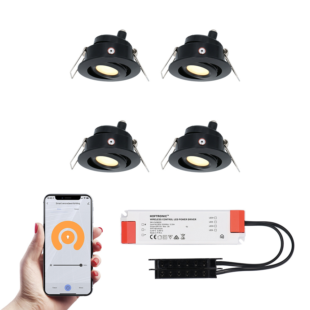 HOFTRONIC SMART 4x Sienna zwarte Smart LED Inbouwspots complete set - Wifi & Bluetooth - 12V - 3 Wat
