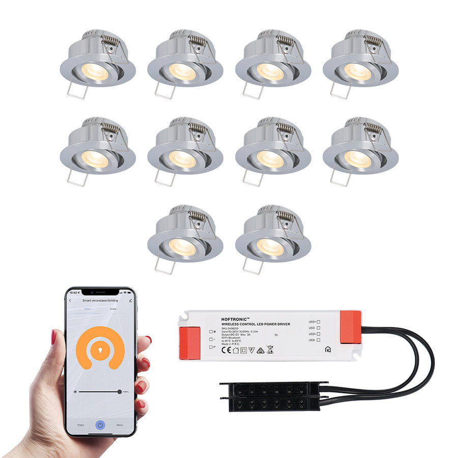 HOFTRONIC SMART 10x Sienna Edelstahl Smart LED Einbaustrahler Komplett-Set  - Wifi & Bluetooth - 12V - 3 Watt - 2700K warmweiß - Veranda-Beleuchtung 