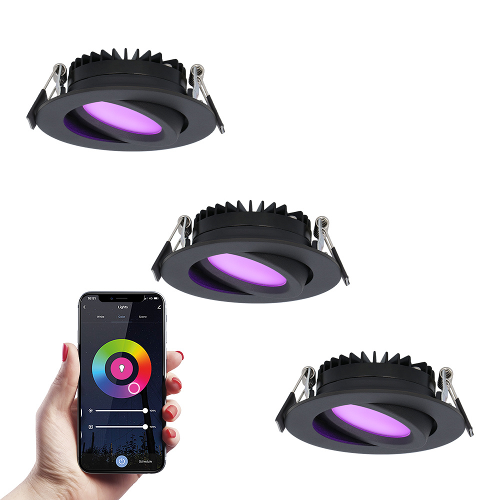 HOFTRONIC SMART Set van 3 smart LED inbouwspots Rome - Zwart - 6 Watt - WiFi & Bluetooth - RGBWW - IP44 - Dimbaar via app - Kantelbaar