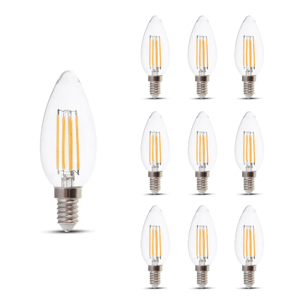 V TAC Set van 10 E14 LED Filament Lamp 4 Watt 400 Lumen 3000K Warm witte lichtkleur 300° stralingshoek 20.000 branduren geschikt voor E14 fittingen