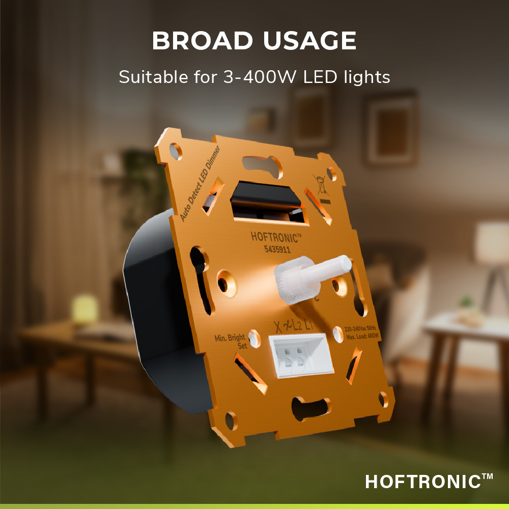 LED dimmer 3-400 Watt - Fase aan- en afsnijding - Auto detectie - Incl. afdekraam en draaiknop