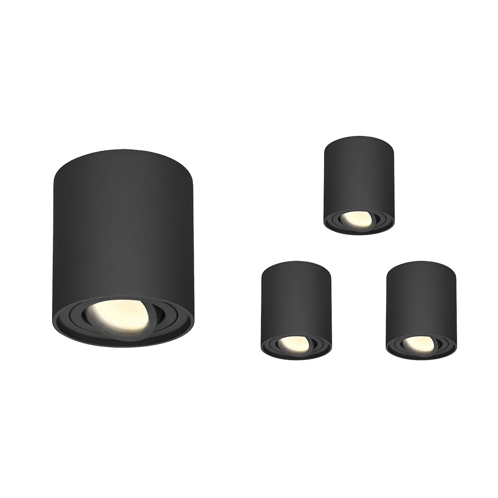 HOFTRONIC™ 4x Dimbare LED Opbouwspot plafond Ray Zwart incl. GU10 spot 5W 2700K IP20 kantelbaar Rond