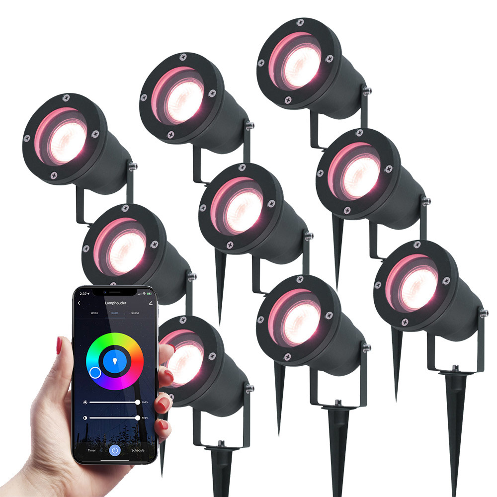 V-TAC Set van 9 Smart LED Prikspots - RGBWW lichtkleuren - Kantelbaar - IP44 Vochtbestendig - Aluminium - Tuinspot - Geschikt voor in de tuin - Zwart - 3 jaar garantie