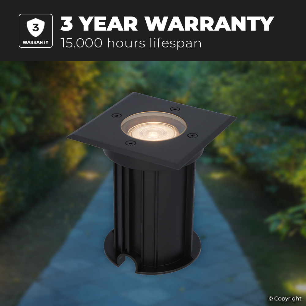 3x Ramsay dimbare LED grondspot - Vierkant - Zwart - 2700K warm wit - 5 Watt - IP67 straal waterdicht - 3 jaar garantie Grondspot buiten 230V