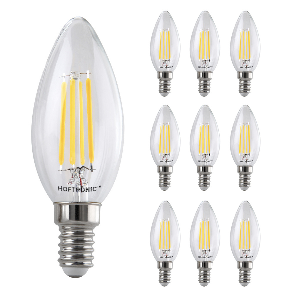 HOFTRONIC - Voordeelverpakking 10X E14 LED Filament lampen - 4 Watt 470lm - 2700K Warm wit - Vervangt 40 Watt - Kleine fitting - C37 kaarsvorm