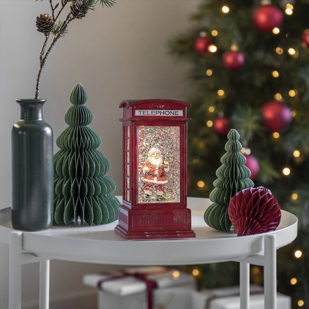 Konstsmide Kerstlantaarn 20 cm voor binnen - Telefooncel kerstman - Warm wit - Sneeuwlantaarn - Kerstverlichting op batterijen