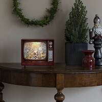 Kerstlantaarn 21x25cm voor binnen – Kerstman in TV - Warm wit - Sneeuwlantaarn - Kerstverlichting op batterijen incl. Timer