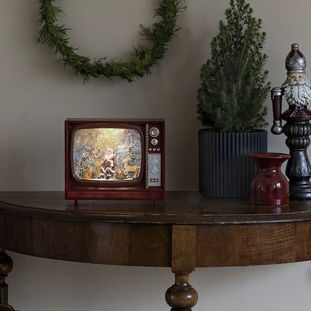 Konstsmide Kerstlantaarn 21x25cm voor binnen - Kerstman in TV - Warm wit - Sneeuwlantaarn - Kerstverlichting op batterijen incl. Timer