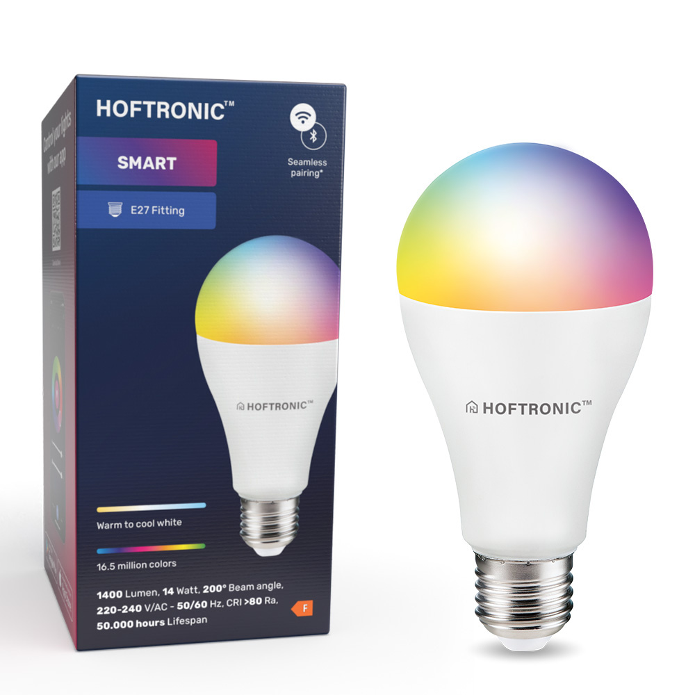 HOFTRONIC SMART E27 SMART LED Lamp RGBWW Wifi Bluetooth 14 Watt 1400lm Dimbaar via App