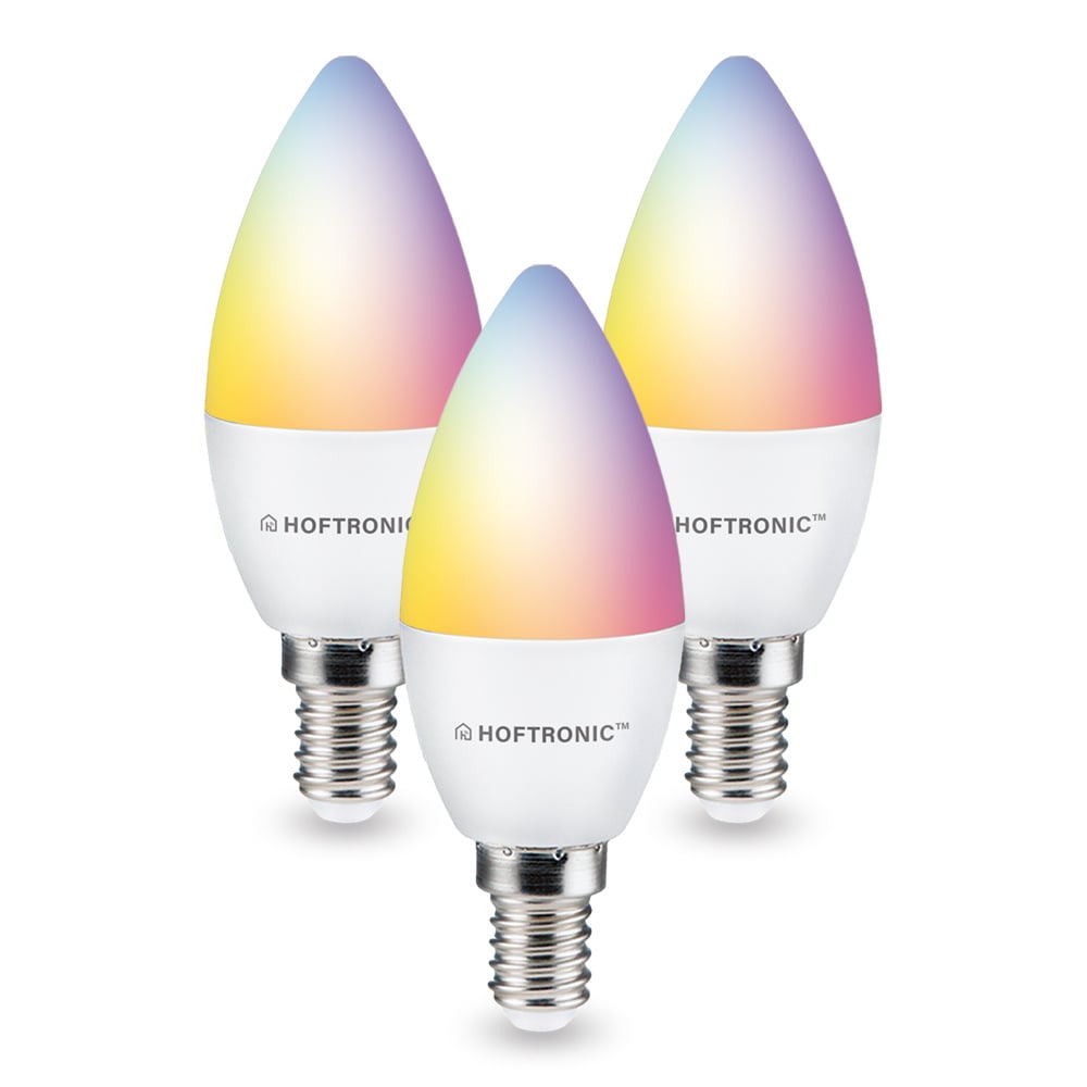 HOFTRONIC SMART Set van 3 E14 SMART LED Lamp RGBWW Wifi & Bluetooth 5.5 Watt 470lm C37 Dimbaar via A
