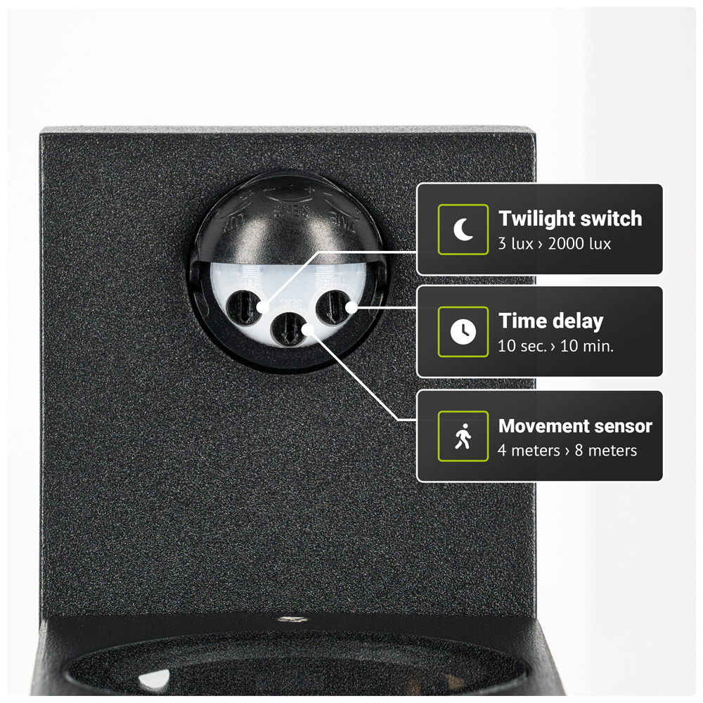 Selma PIR LED wandlamp - Bewegingssensor - Schemerschakelaar - Up & Down light - IP65 - excl. GU10 lichtbron - Zwart - Binnen en buiten - 3 jaar garan