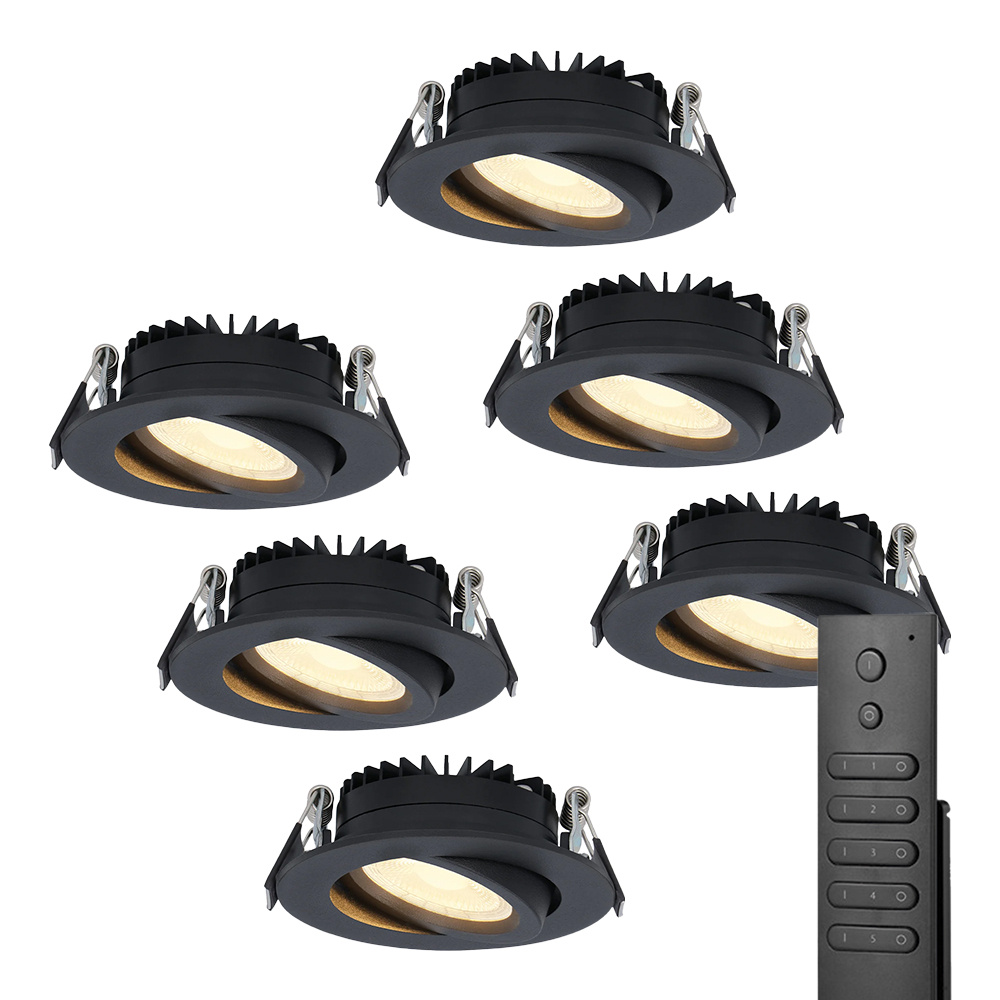 HOFTRONIC™ Set van 6 dimbare LED inbouwspots Rome Zwart 6 Watt Kantelbaar 2700K warm wit IP44 Inclusief afstandsbediening Geringe inbouwdiepte