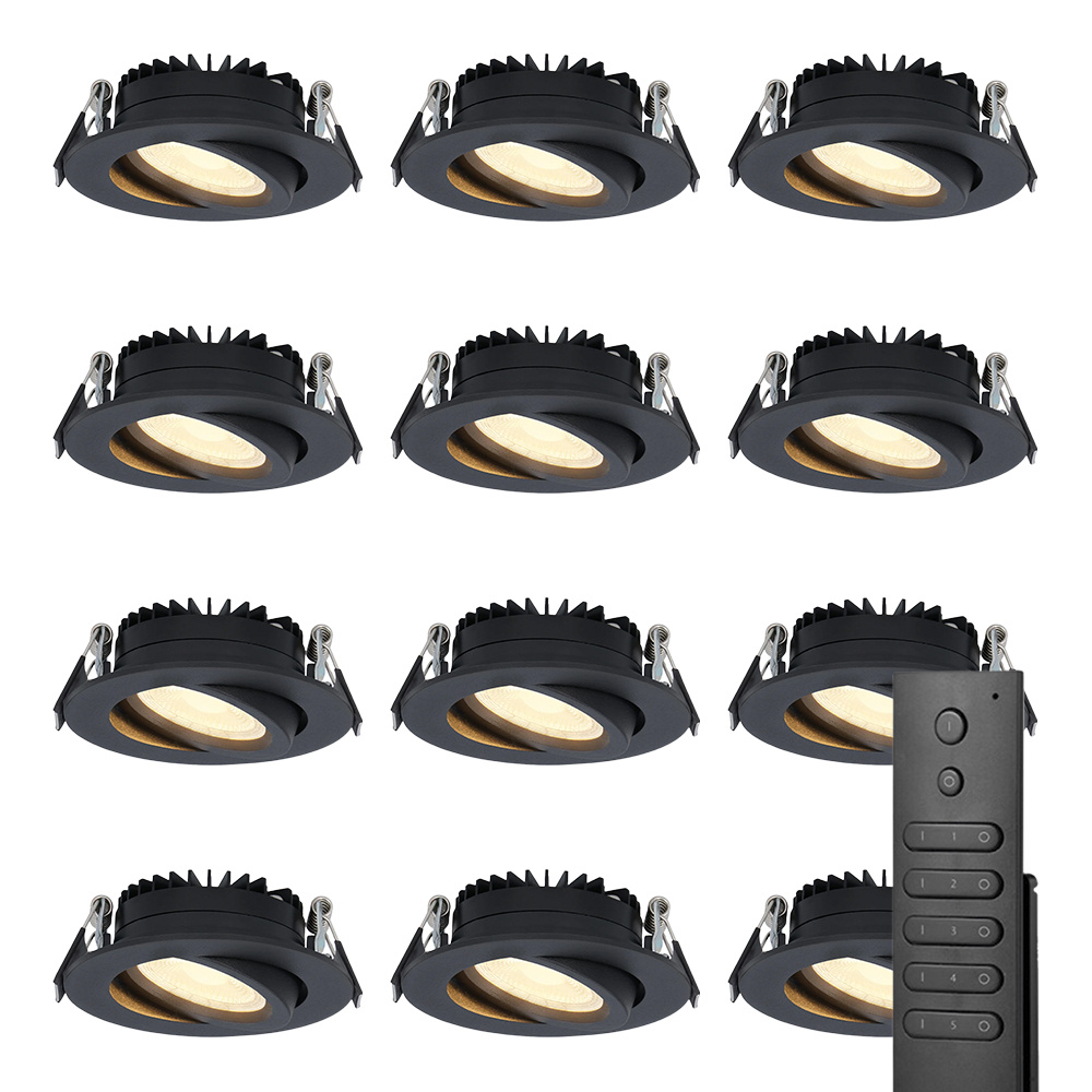 HOFTRONIC™ Set van 12 dimbare LED inbouwspots Rome Zwart 6 Watt Kantelbaar 2700K warm wit IP44 Inclusief afstandsbediening Geringe inbouwdiepte