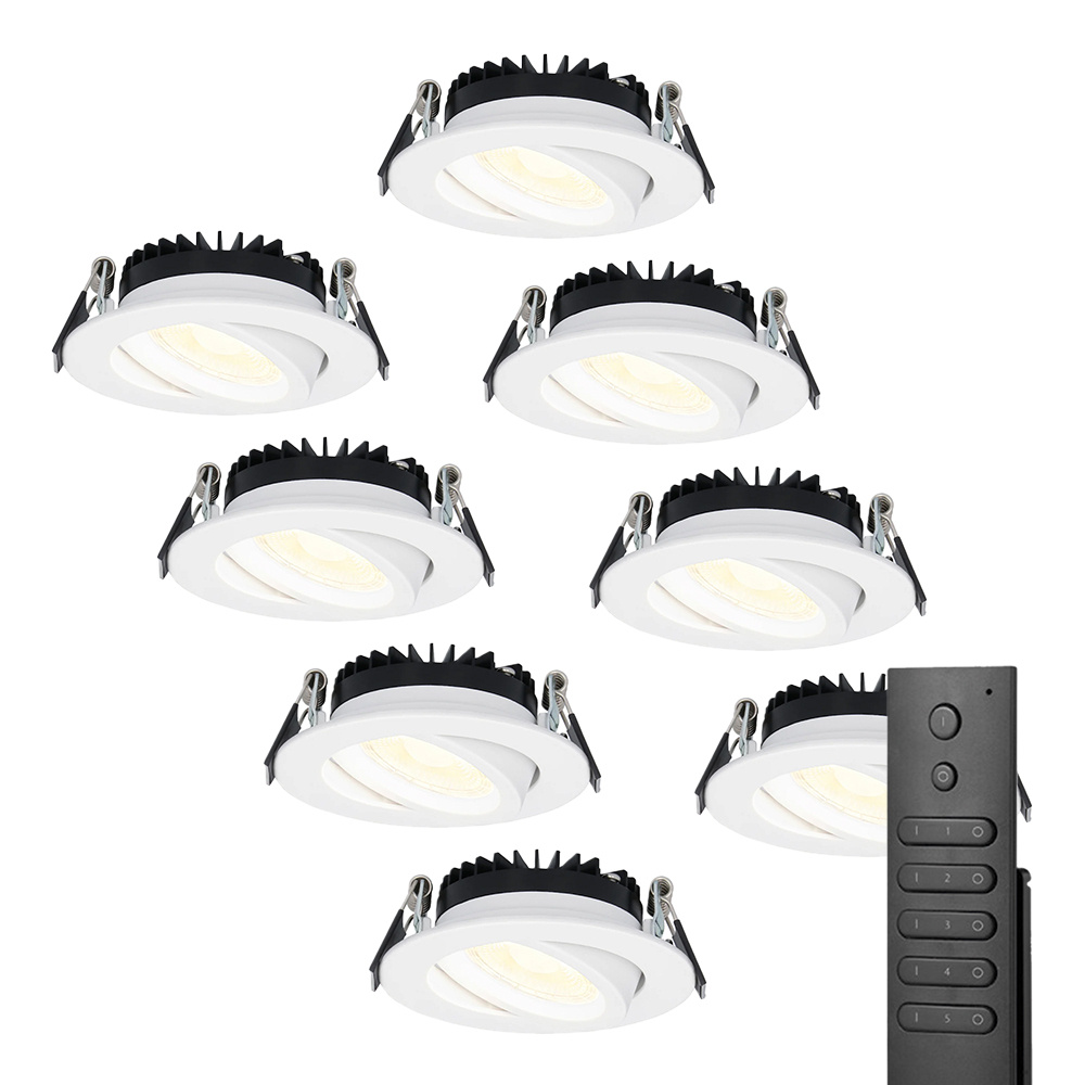 HOFTRONIC™ Set van 8 dimbare LED inbouwspots Rome Wit 6 Watt Kantelbaar 2700K warm wit IP44 Inclusief afstandsbediening Geringe inbouwdiepte