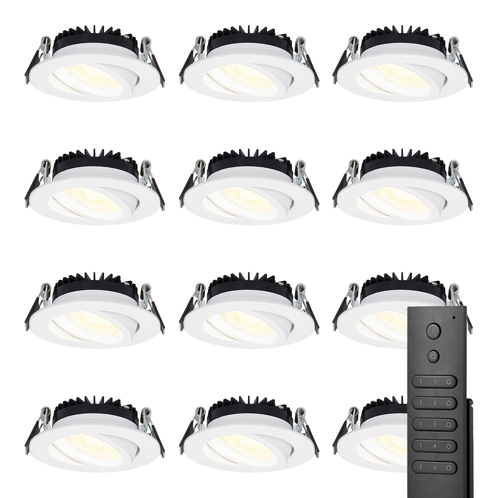 HOFTRONIC™ Set van 12 dimbare LED inbouwspots Rome Wit 6 Watt Kantelbaar 2700K warm wit IP44 Inclusief afstandsbediening Geringe inbouwdiepte