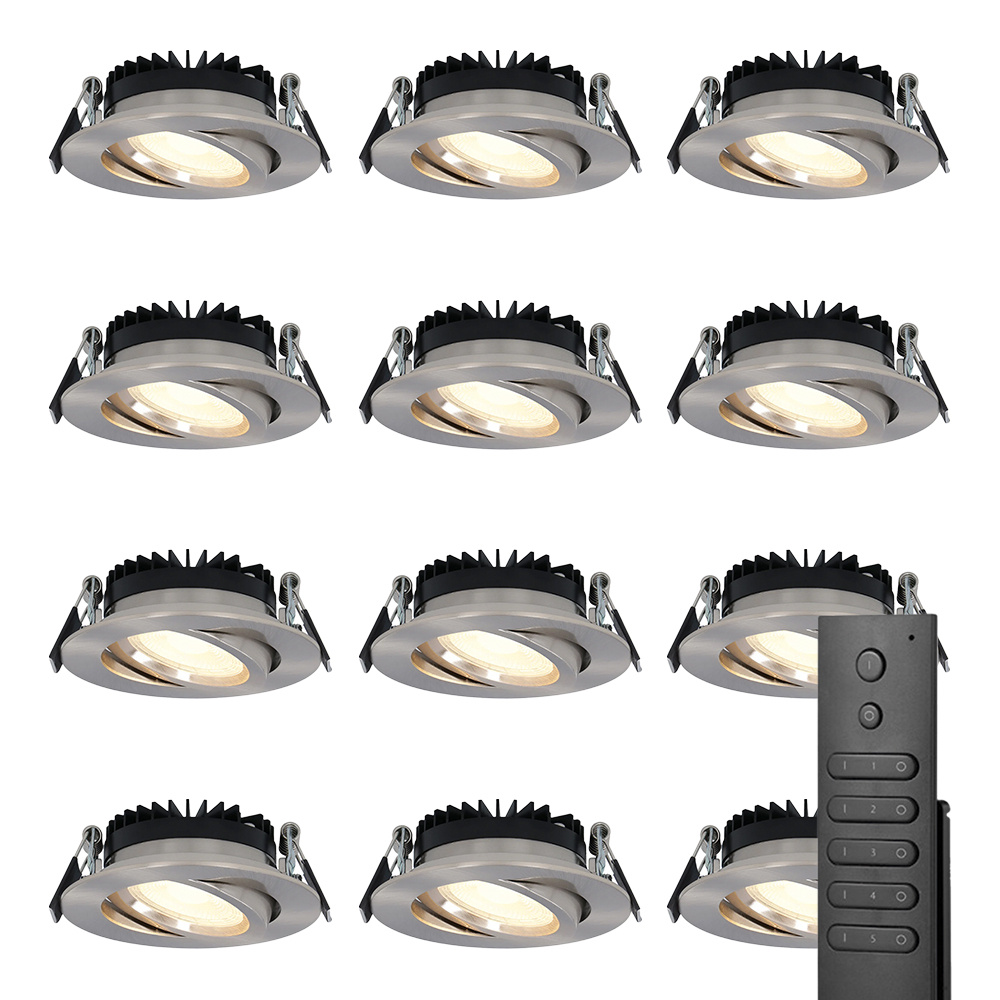 HOFTRONIC™ Set van 12 dimbare LED inbouwspots Rome RVS 6 Watt Kantelbaar 2700K warm wit IP44 Inclusief afstandsbediening Geringe inbouwdiepte