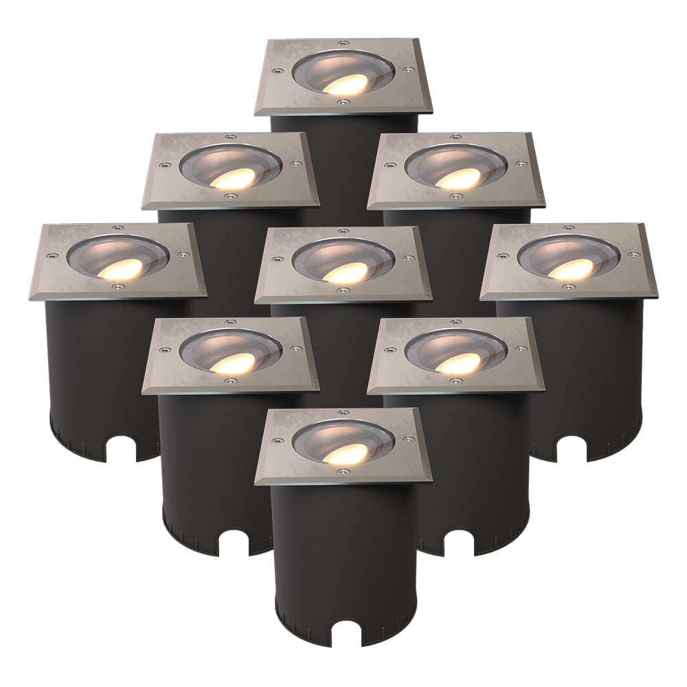HOFTRONIC™ Set van 9 Cody LED Grondspots RVS GU10 4,5 Watt 345 lumen dimbaar 2700K warm wit Kantelbaar Overrijdbaar Vierkant IP67 waterdicht