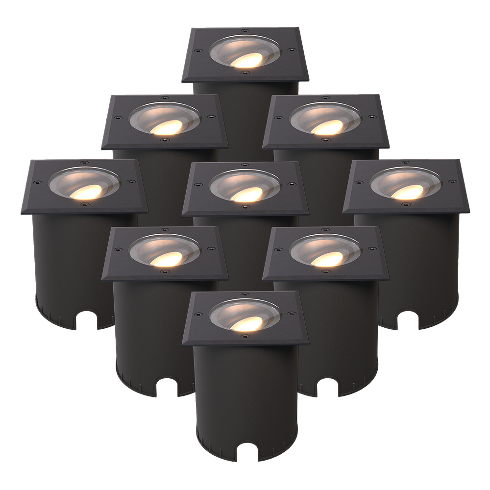 HOFTRONIC™ Set van 9 Cody LED Grondspots Zwart GU10 4,5 Watt 345 lumen dimbaar 2700K warm wit Kantelbaar Overrijdbaar Vierkant IP67 waterdicht