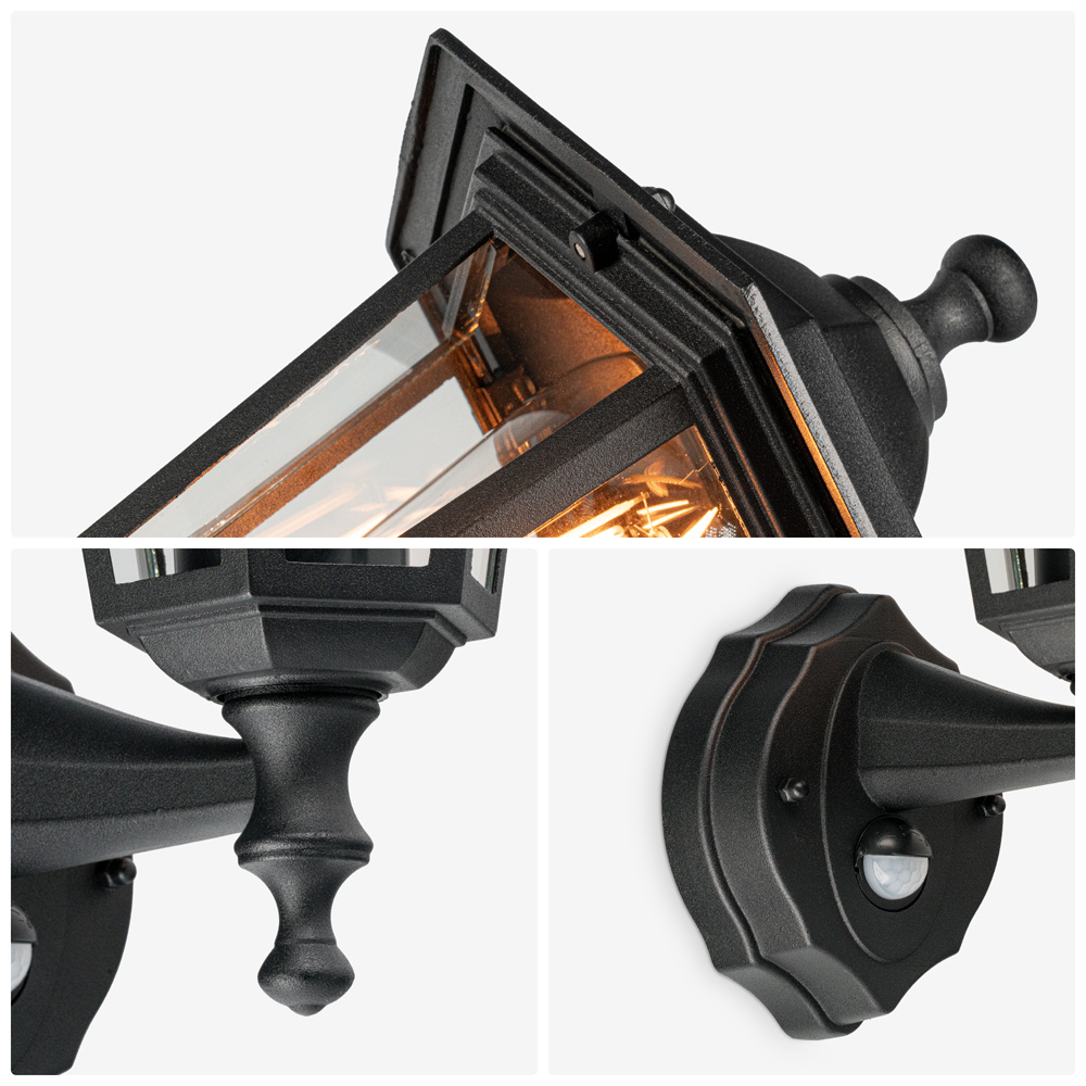 Huron Buitenlamp klassiek mat zwart met bewegingsmelder IP44 waterdicht en 3 jaar garantie voor binnen en buiten met bewegingssensor