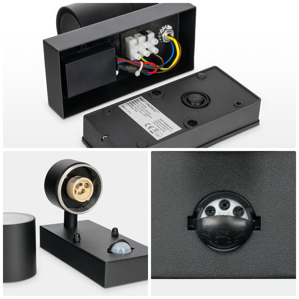 Mason wandlamp - 6000K warm wit - Bewegingsmelder en schemerschakelaar - IP44 spatwaterdicht - Spotlight voor binnen en buiten - Zwart voor binnen en