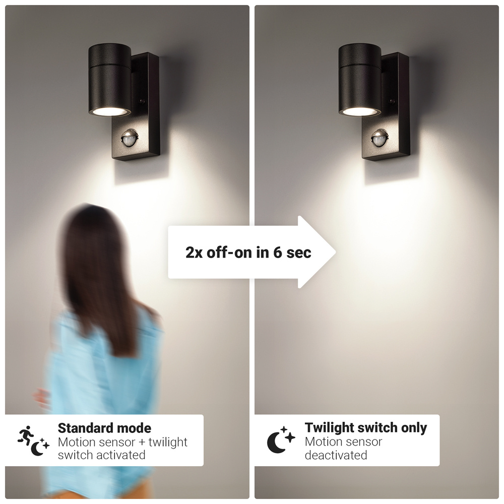 Mason wandlamp - Zwart - Bewegingsmelder en schemerschakelaar - IP44 spatwaterdicht - Spotlight voor binnen en buiten - Exclusief GU10 lichtbron voor