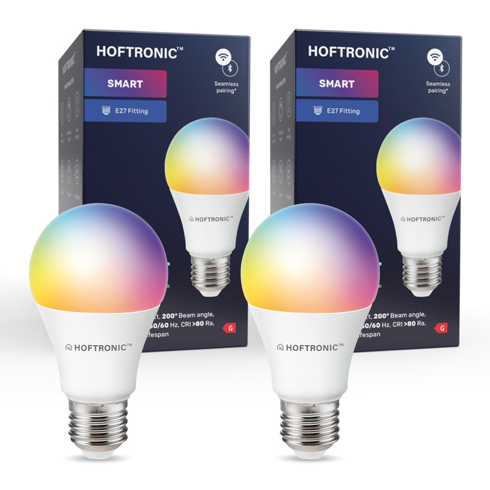 HOFTRONIC Smart - Set van 2 E27 Smart Lampen - 10 Watt 806 Lumen - WiFi + Bluetooth - Bestuurbaar via app en Stem - RGB + WW - Smart verlichting lichtbronnen