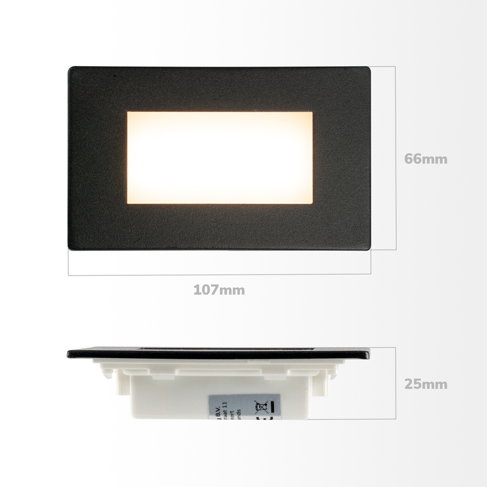 Set van 6 Dillon LED Inbouw wandlampen Zwart - Wand Inbouwspot rechthoek - 3 Watt 340 Lumen - 3000K warm wit - IP54 voor binnen en buiten