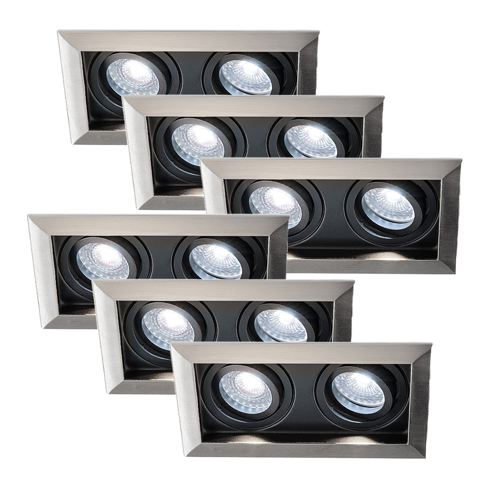 HOFTRONIC™ Set van 6 Durham dubbele inbouwspots RVS - 6000K daglicht wit licht - GU10 - 5 Watt 400 lumen - Kantelbaar - IP20 - inbouwspot vierkant