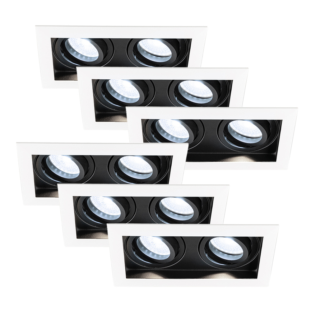 HOFTRONIC™ Set van 6 Durham dubbele inbouwspots Wit - 6000K daglicht wit licht - GU10 - 5 Watt 400 lumen - Kantelbaar - IP20 - inbouwspot vierkant