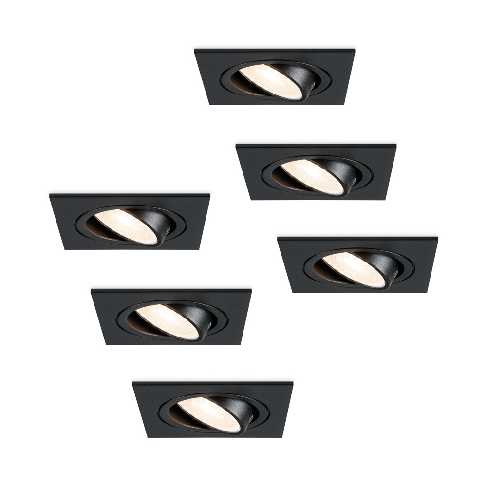 HOFTRONIC™ Set van 6 dimbare LED inbouwspots Mallorca zwart vierkant Kantelbaar 5 Watt IP20 4000K Neutraal wit GU10 armatuur spotjes plafond