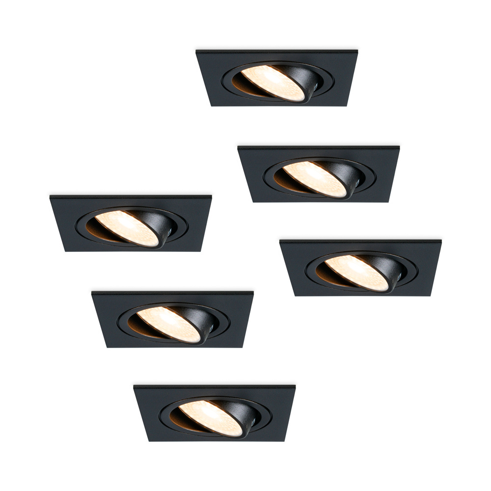 HOFTRONIC™ Set van 6 stuks dimbare LED inbouwspot Mallorca zwart vierkant Kantelbaar 5 Watt IP20 2700K Warm wit GU10 armatuur spotjes plafond
